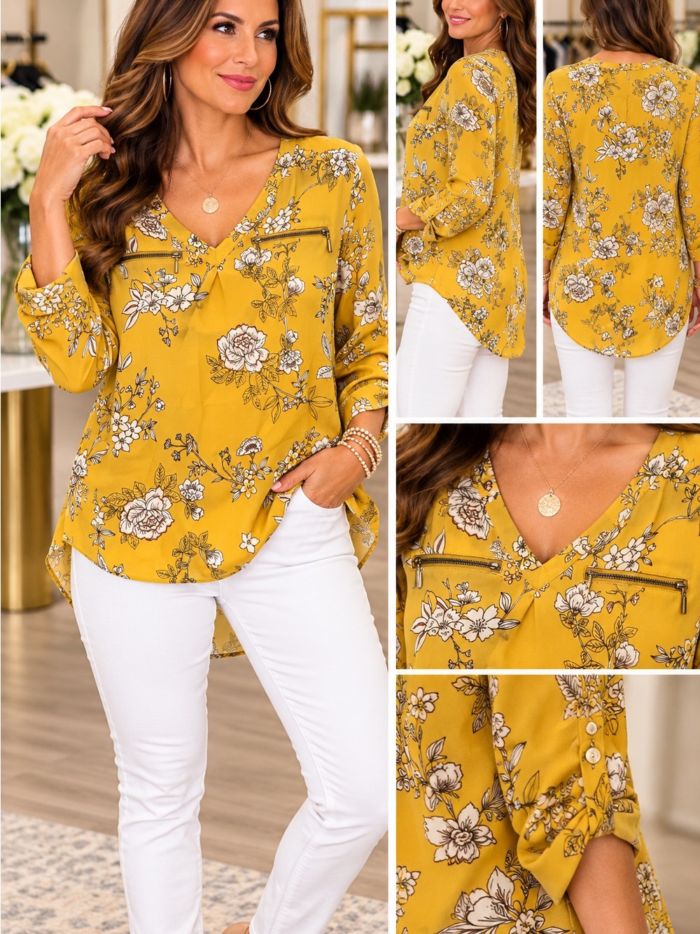 Maurices Mustard Yellow Floral V-Neck Blouse with Zip Accents
